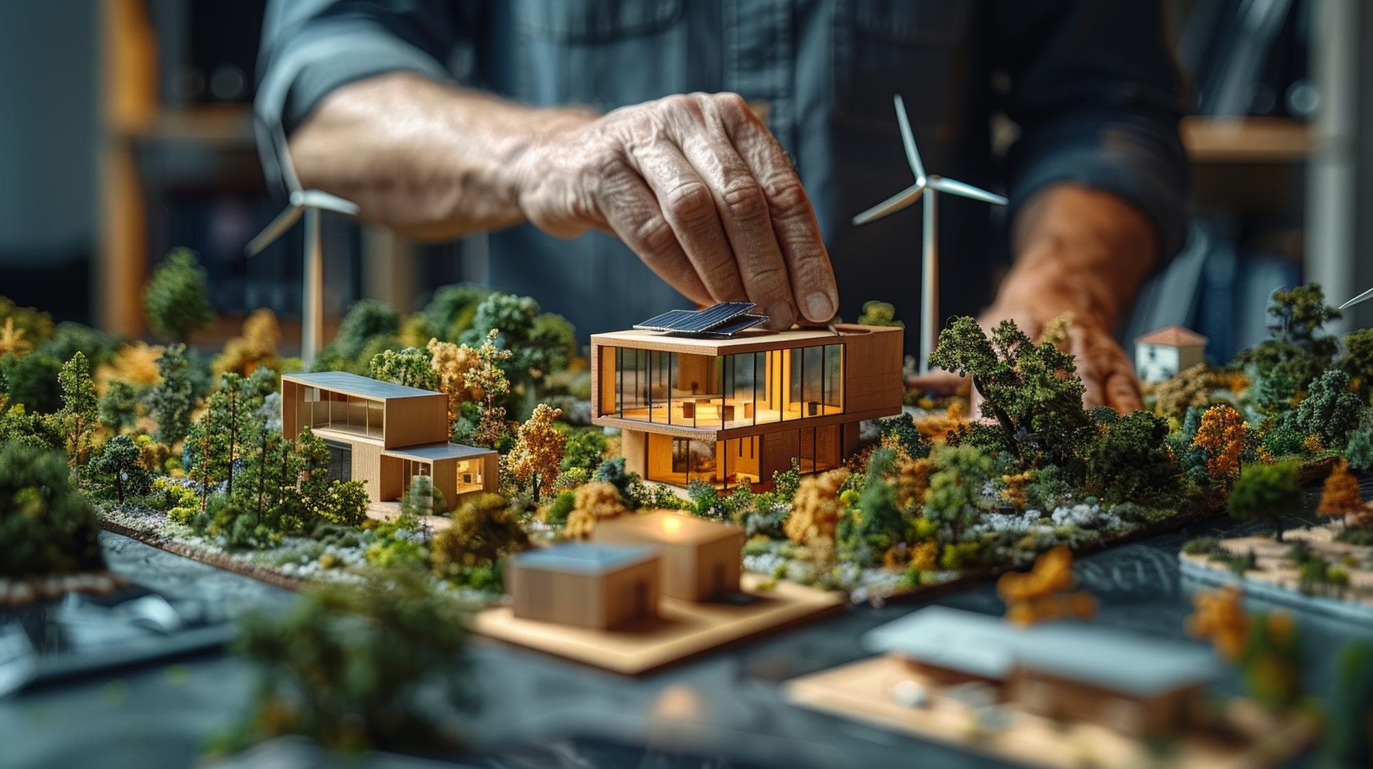 Hand placing solar panel on a architectural model